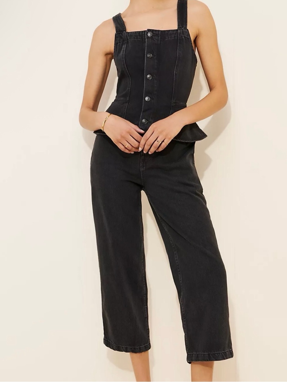 Free People‎ Hazel Denim Jumpsuit Tie Back Detail Washed Black Size Small